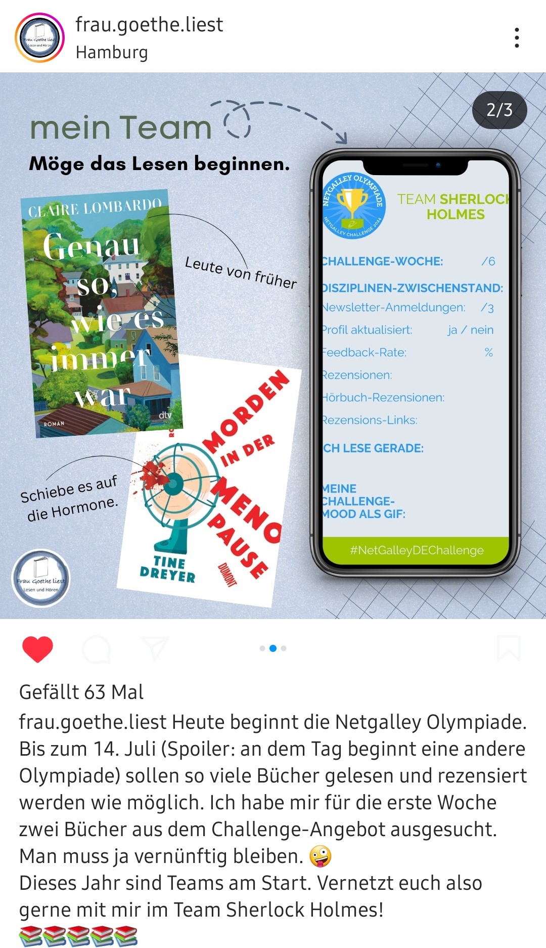 Screenshot von einem Post einer Person, die schreibt, dass sie auch bei der NetGalley-Olympiade dabei ist und dabei zwei Bücher zeigt.